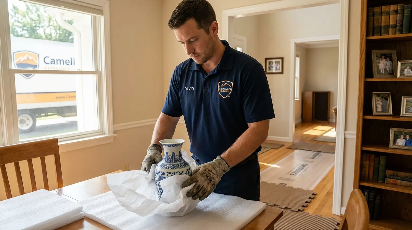 Professional crew carefully wrapping antique vase for senior downsizing move in Calvert City, KY
